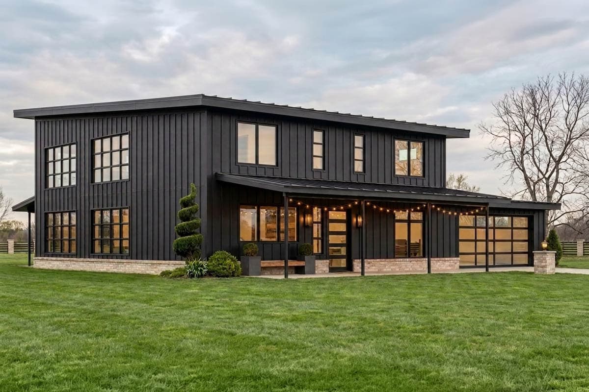 House plan exterior. Two-story Modern house with a flat roof, prominent windows, and a covered entryway. Features include a garage and a porch.