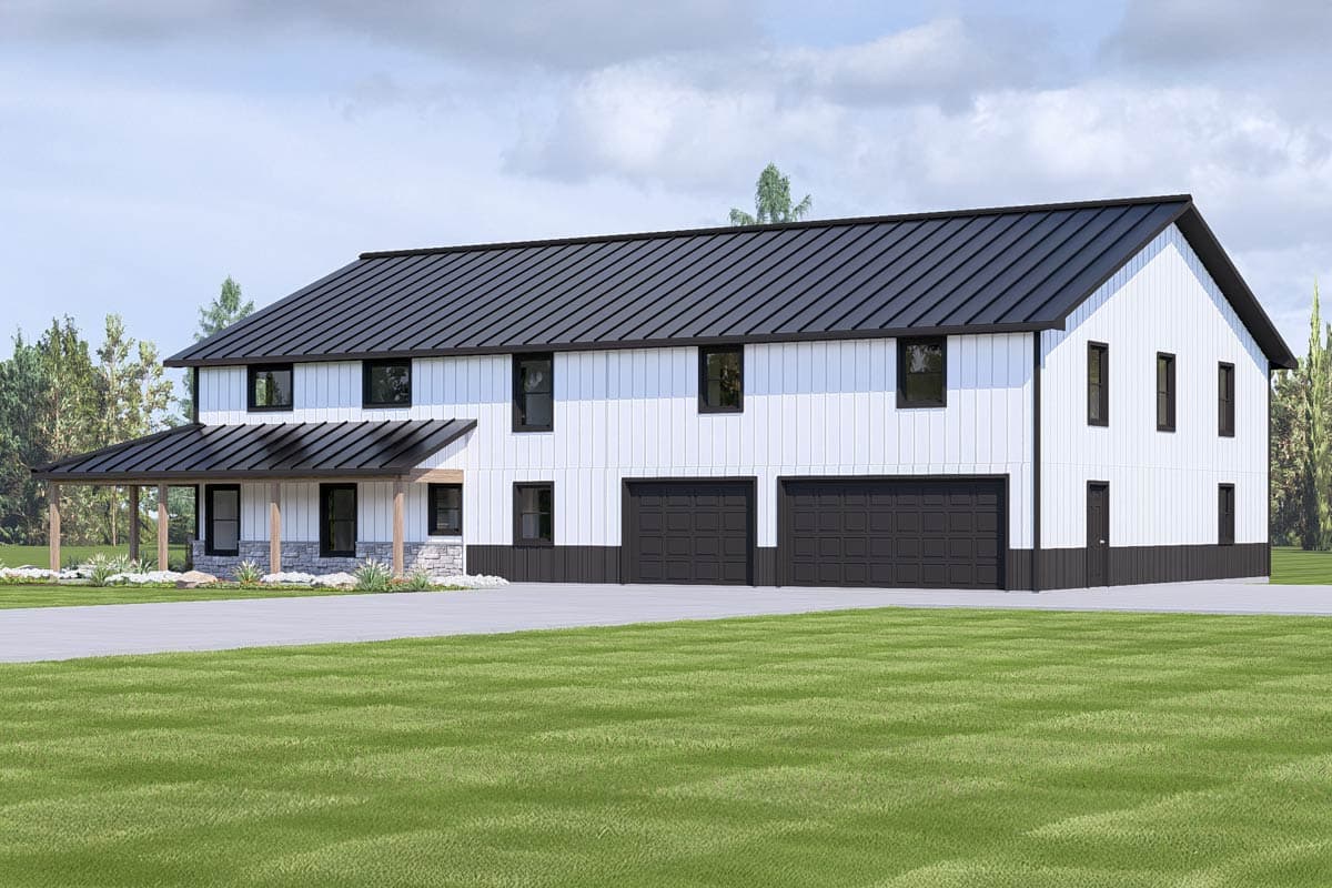 House plan exterior: two-story modern farmhouse with metal roof, front porch, and attached three-car garage.
