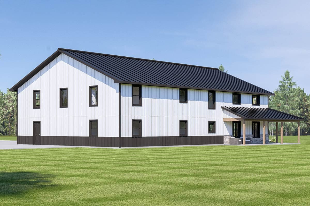 House plan exterior: two-story modern farmhouse with white board and batten siding, black metal roof, and covered porch with stone base.