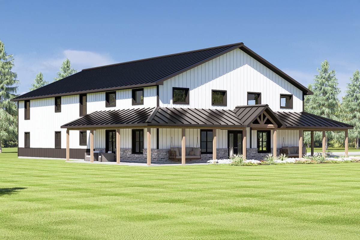 House plan exterior: two-story modern farmhouse with wrap-around porch, metal roof, gabled entrance, and stone accents.