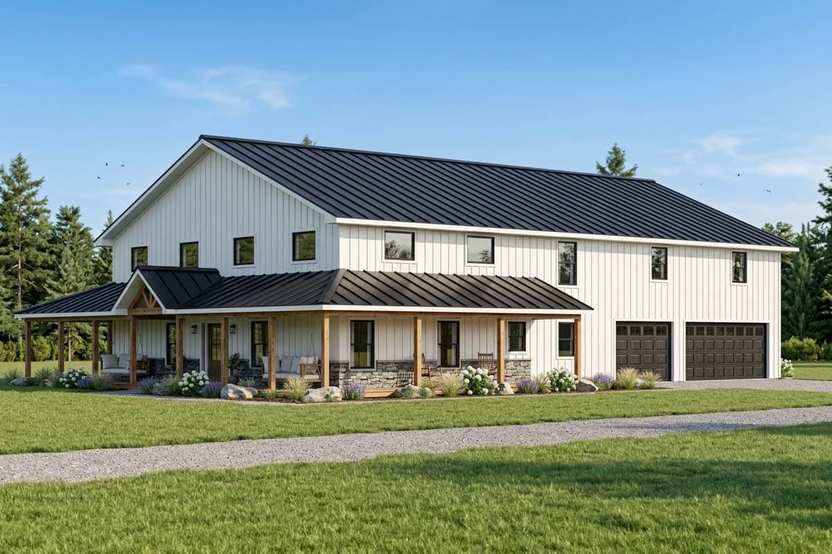 House plan exterior with two stories. Modern farmhouse style with porch, board and batten siding, and metal roof. Garage is side entry.