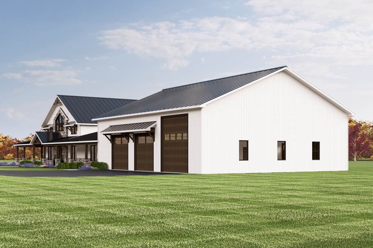 House plan exterior: Modern Farmhouse style, two stories, with a covered porch, stone accents, and a large attached three-car garage.