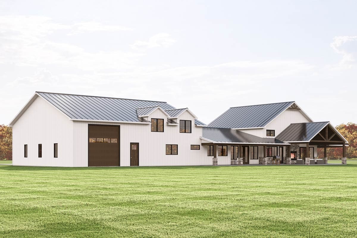 Modern Farmhouse house plan exterior with white vertical siding, metal roof, side garage, and covered porch with stone fireplace.