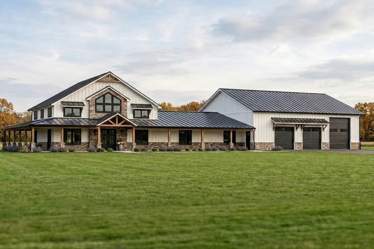 House plan exterior view of a two-story Modern Farmhouse with a gabled roof, covered porch, and attached garage with a metal roof.