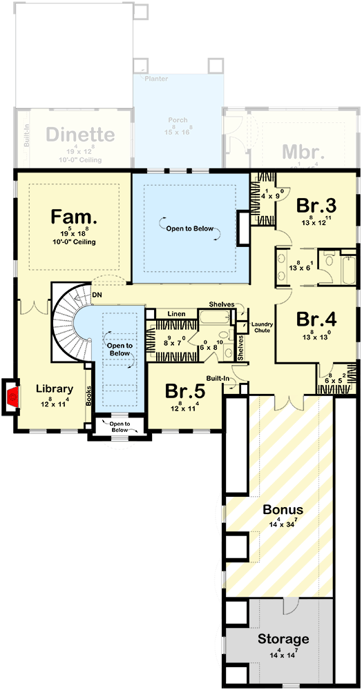 Plan 623504DJ: Two-Story European House Plan with Upstairs Family Room and Library  - 5041 Sq Ft - Floor Plan - 2nd Floor - Colonial, European