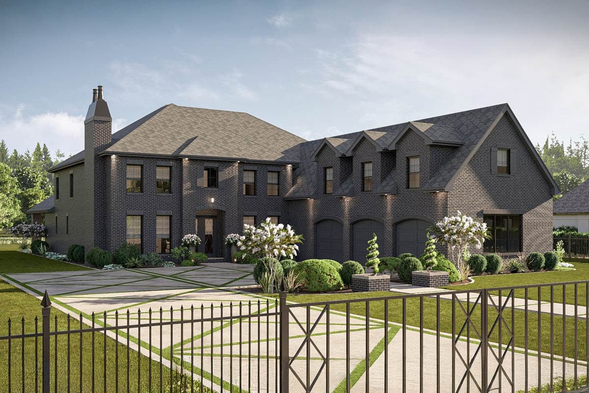 House plan exterior with two stories, brick facade, gabled roof, dormers, and three-car garage.