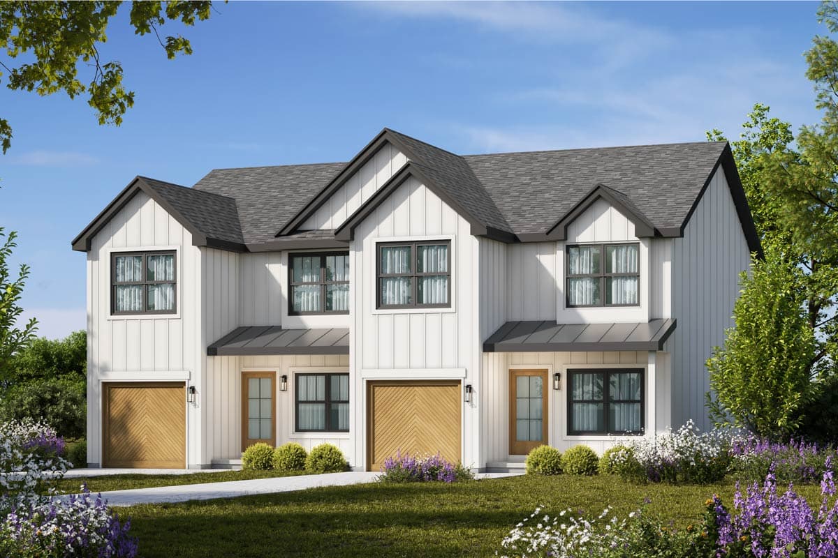 House plan exterior, Modern Farmhouse style with two stories. Features include gabled roof, two-car garages, and covered entryways.
