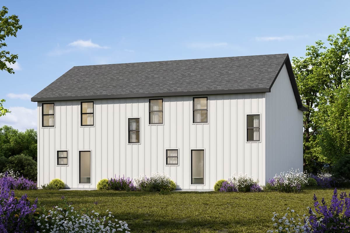 Two-story house plan exterior with vertical white siding, gable roof, and numerous windows.