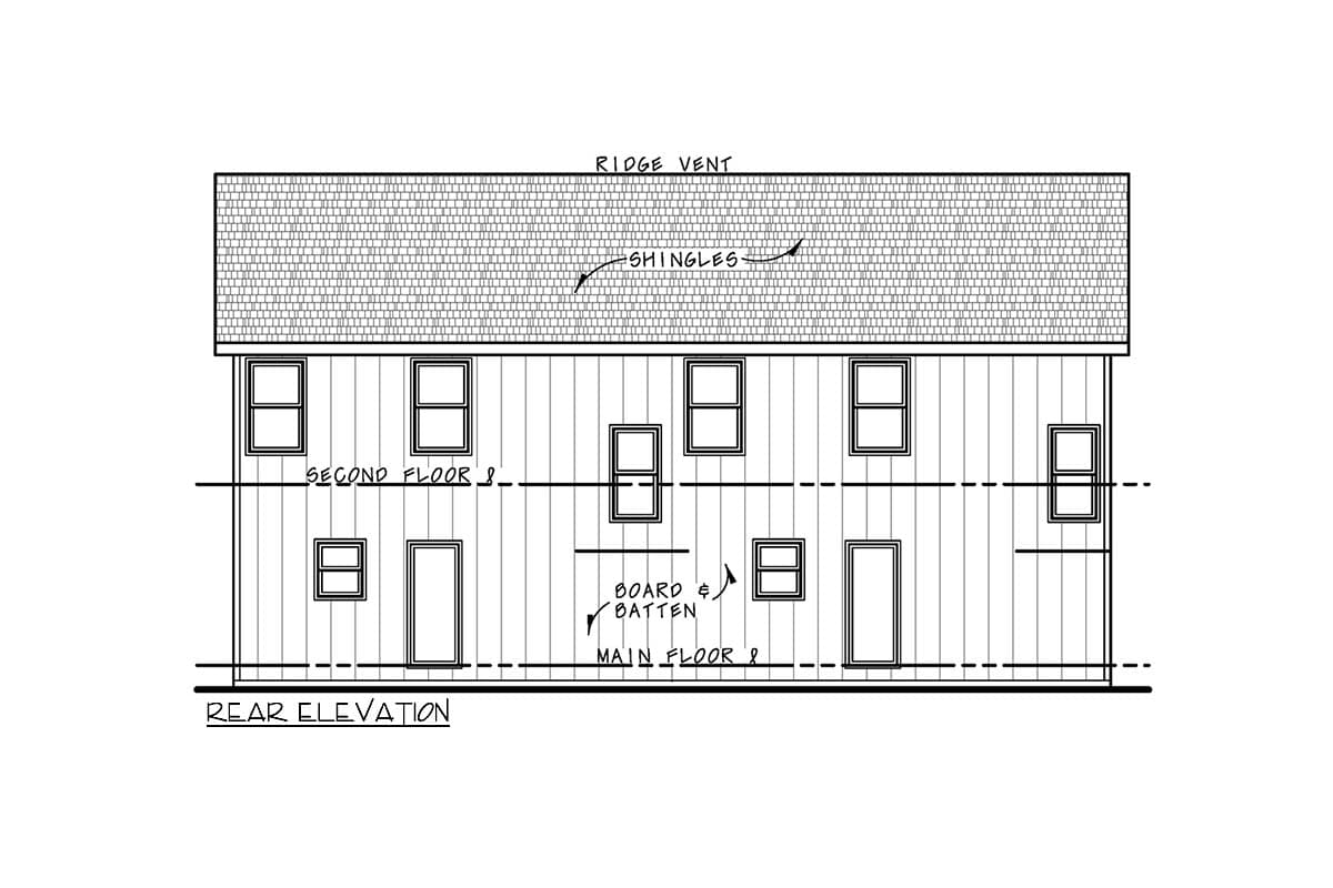 Rear elevation of a two-story house plan with board and batten siding, multiple windows, and a shingled roof with ridge vent.