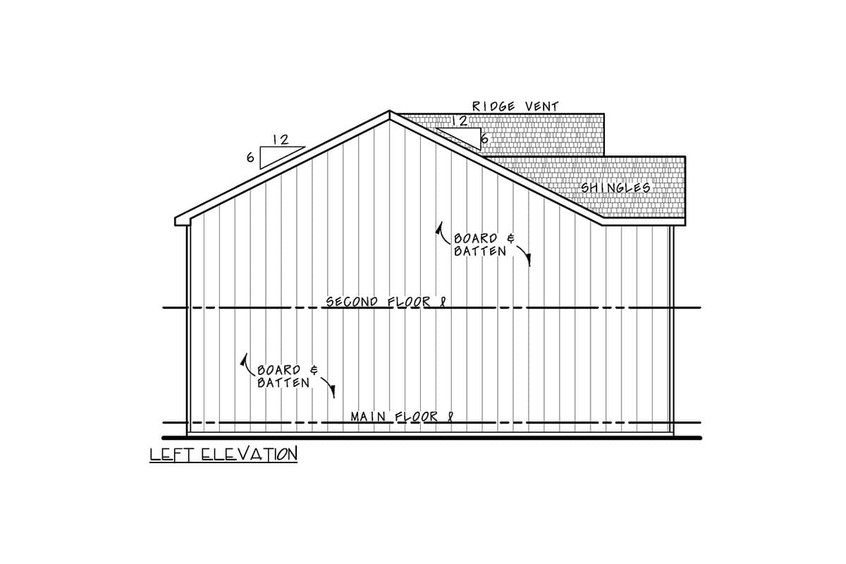 Left elevation house plan drawing showing board and batten siding, main and second floor lines, and roof with shingles and ridge vent.