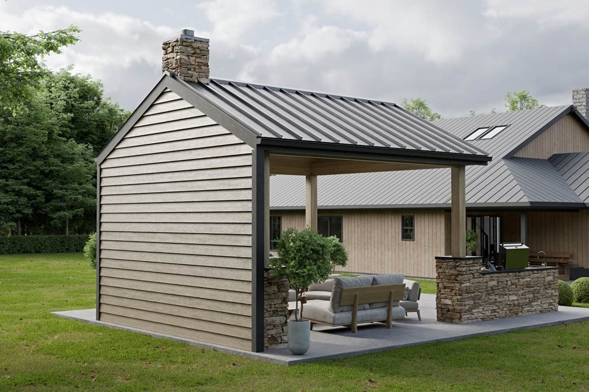 Modern Farmhouse house plan exterior with horizontal siding, gable roof, stone chimney, and covered patio with outdoor kitchen.