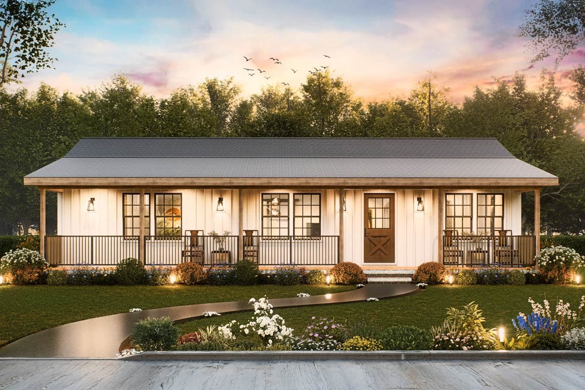 House plan exterior: single-story Modern Farmhouse with a full-width covered porch, board-and-batten siding, and cross-buck doors.