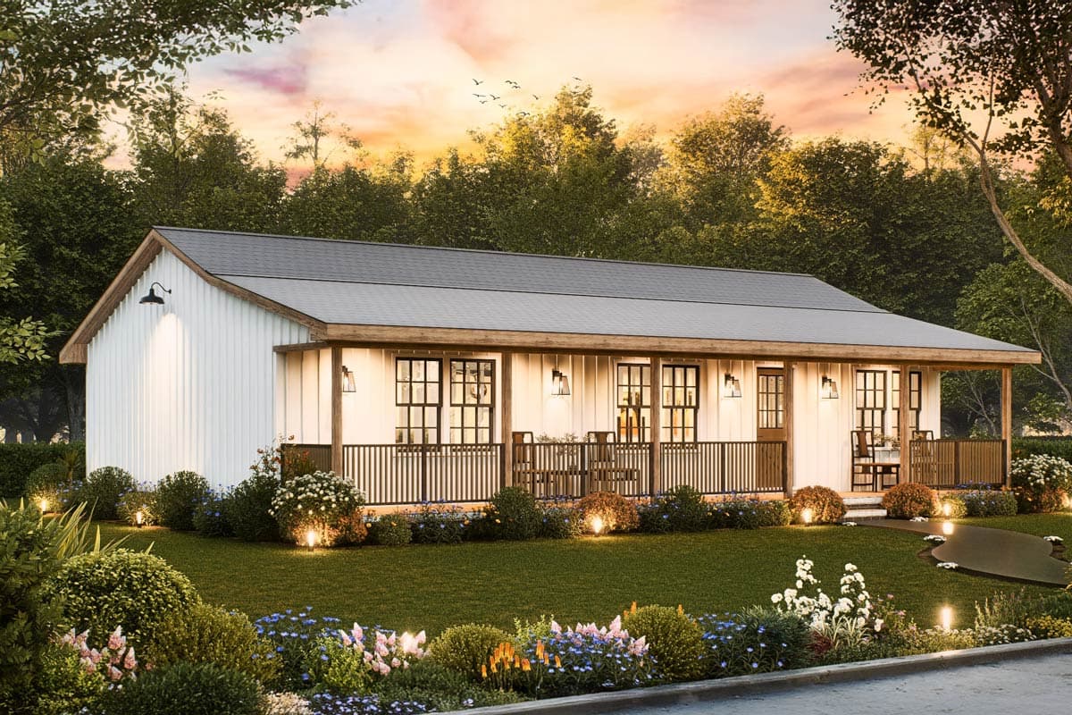 House plan exterior featuring a single-story design, a porch with a railing, a gable roof, and multiple windows with dark frames.