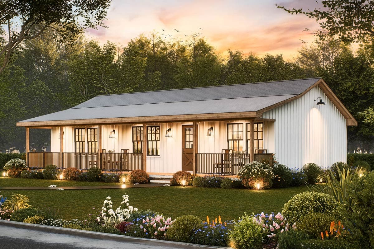 House plan exterior: one-story Modern Farmhouse with wraparound porch, gable roof, and vertical siding.