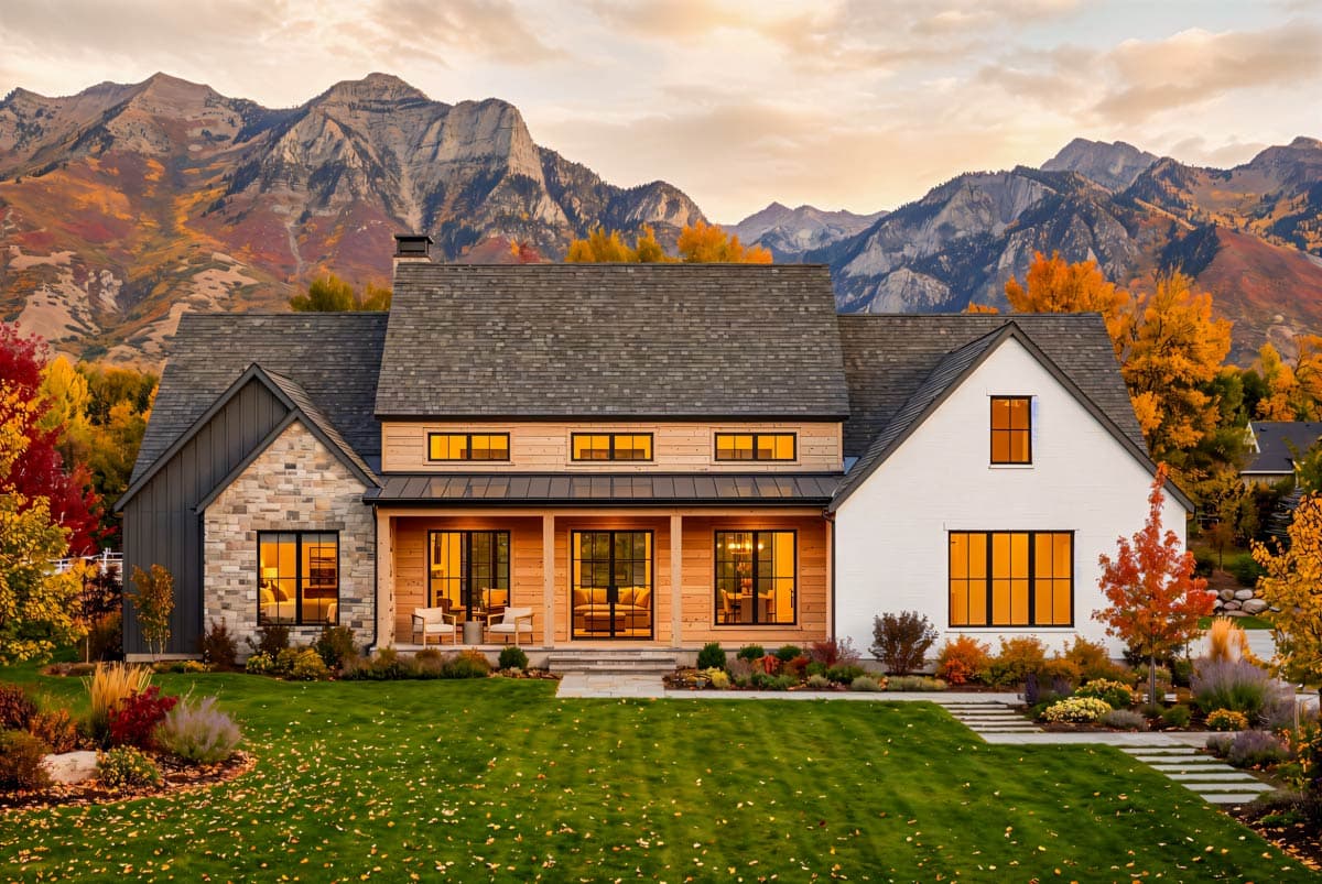 House plan exterior. Two-story Modern Farmhouse with gables, stone siding, wood accents, and a covered porch. Dark gray roof.