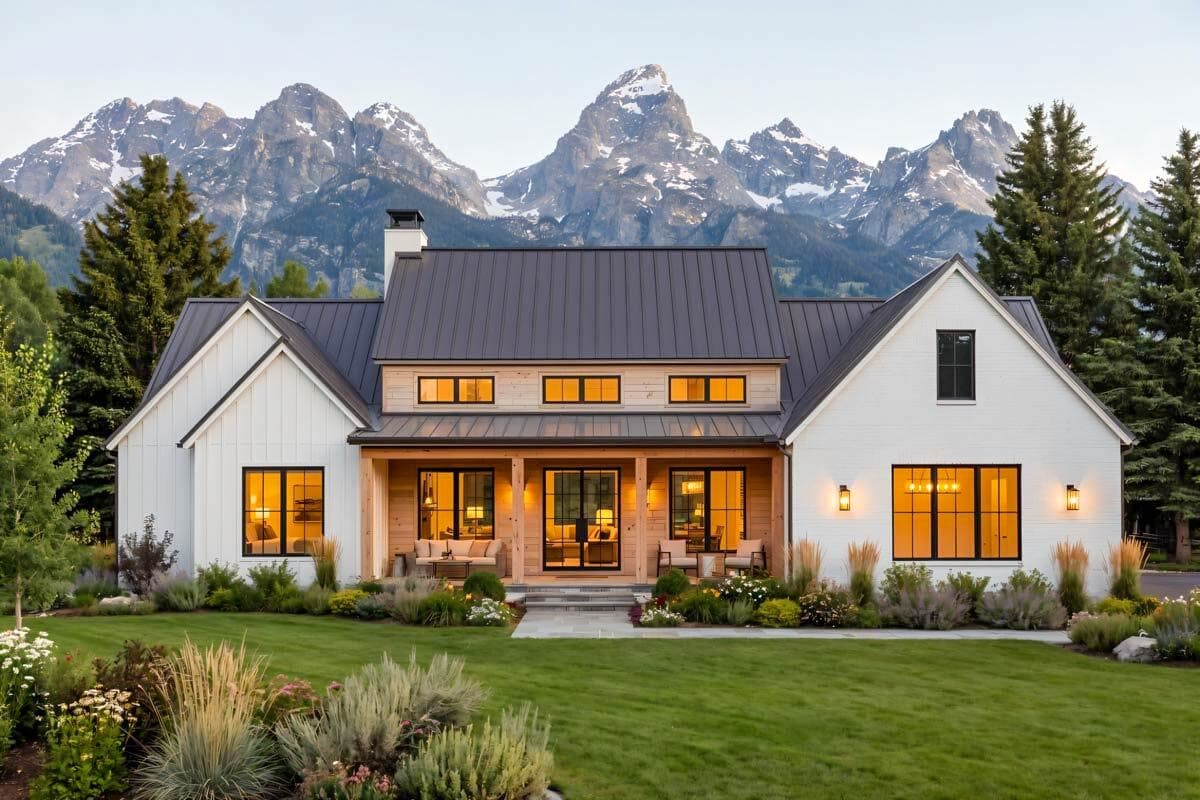 Modern Farmhouse house plan exterior with metal roof, prominent gables, covered porch, and large windows.