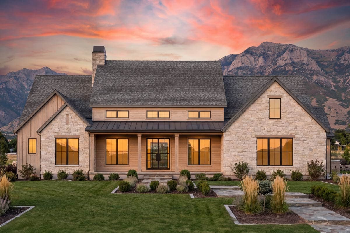 Modern Farmhouse house plan exterior with stone and wood siding, prominent gables, and a covered porch.
