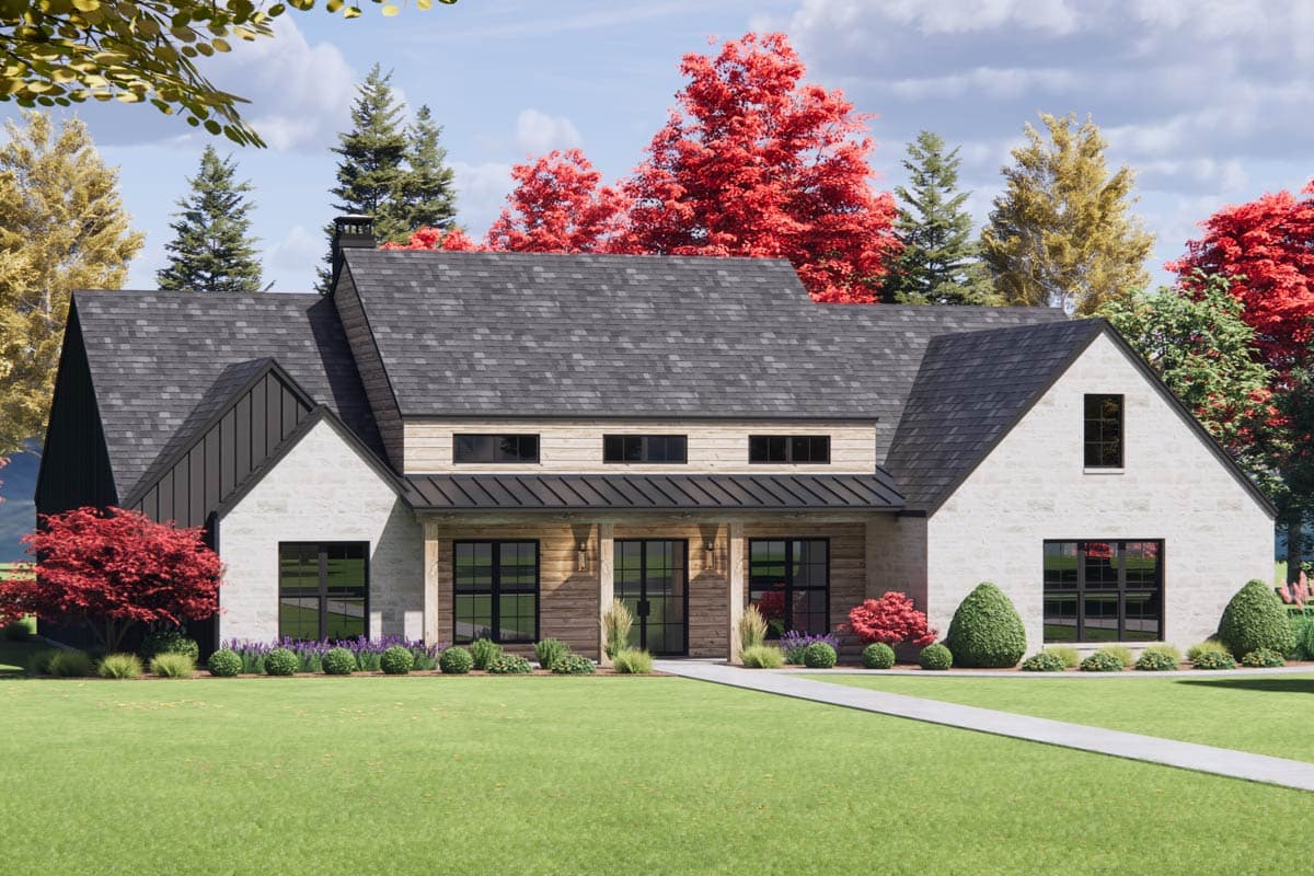 House plan exterior: Modern Farmhouse style, two stories, prominent gables, stone and wood siding, metal roof accents.