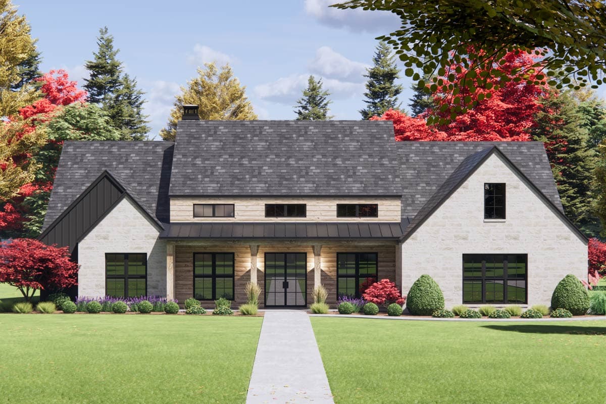 House plan exterior with stone and wood siding, gable roofs, and a covered porch with metal roof.