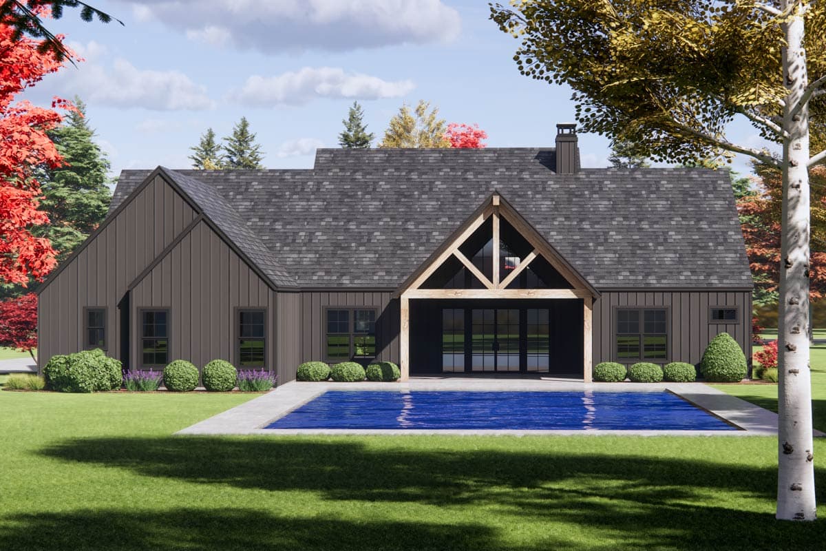 Modern Farmhouse house plan exterior with board and batten siding, gables, and covered patio with wood beams.