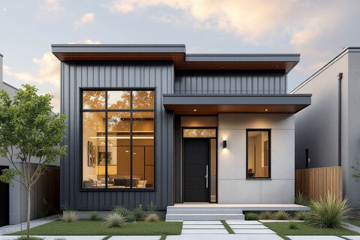 House plan exterior with modern design. Features include flat roof, large windows, and a covered entry. One story with dark metal siding.