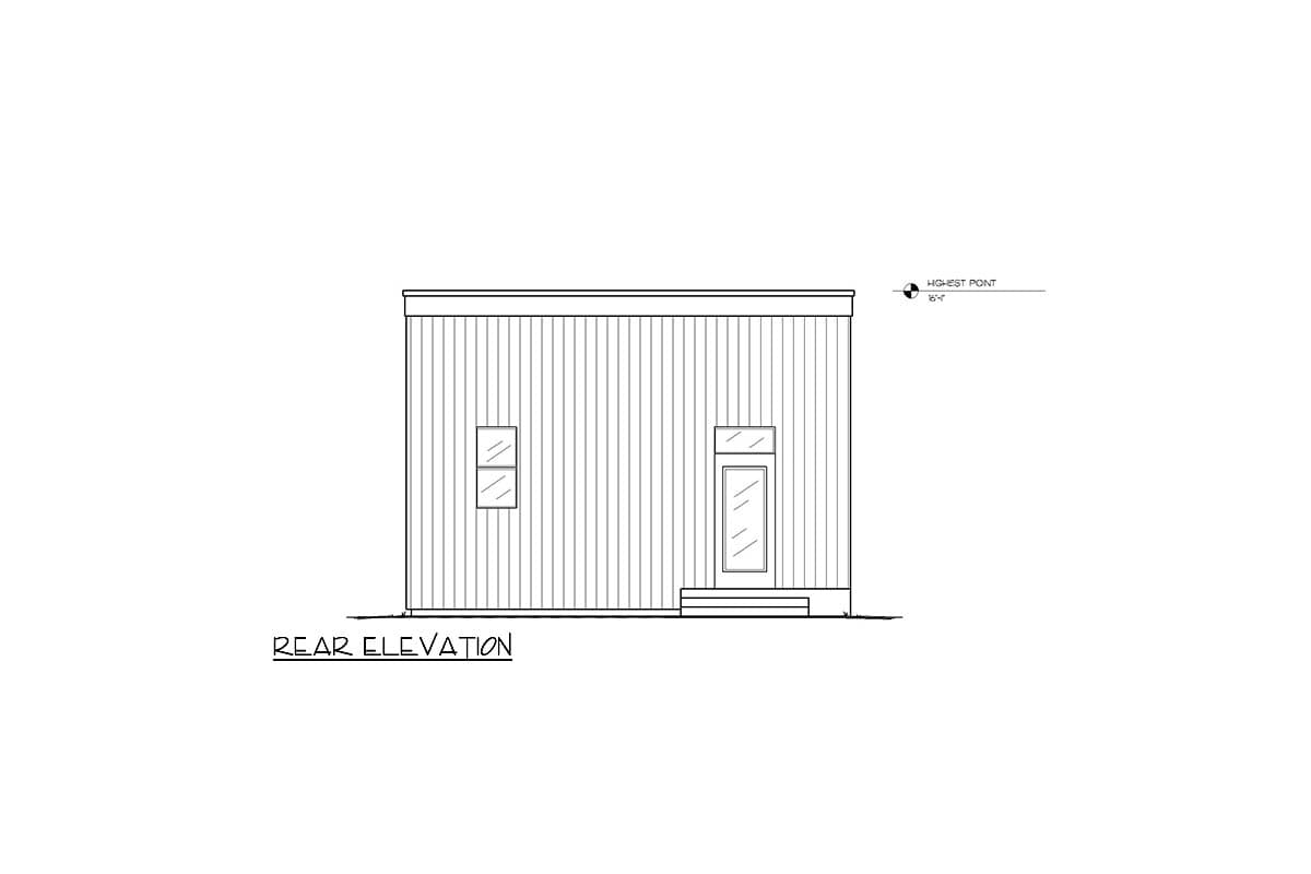 Rear elevation drawing of a modern house with vertical siding, a door, and one window. Highest point 16'-0".
