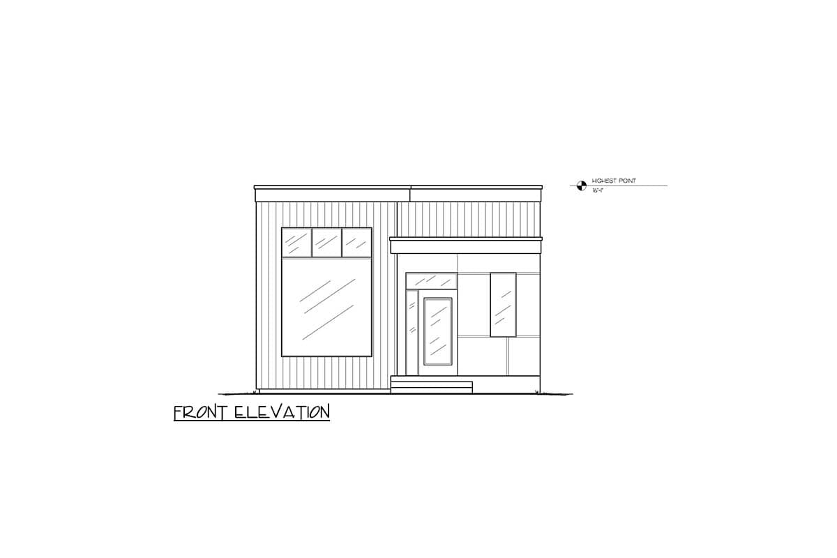 Front elevation drawing of a modern house plan with a flat roof, vertical siding, and a central entryway with windows.