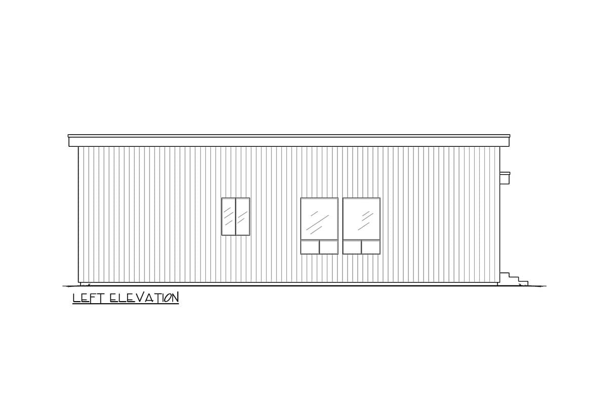 Left elevation drawing of a house with horizontal siding, a flat roof, and three windows.