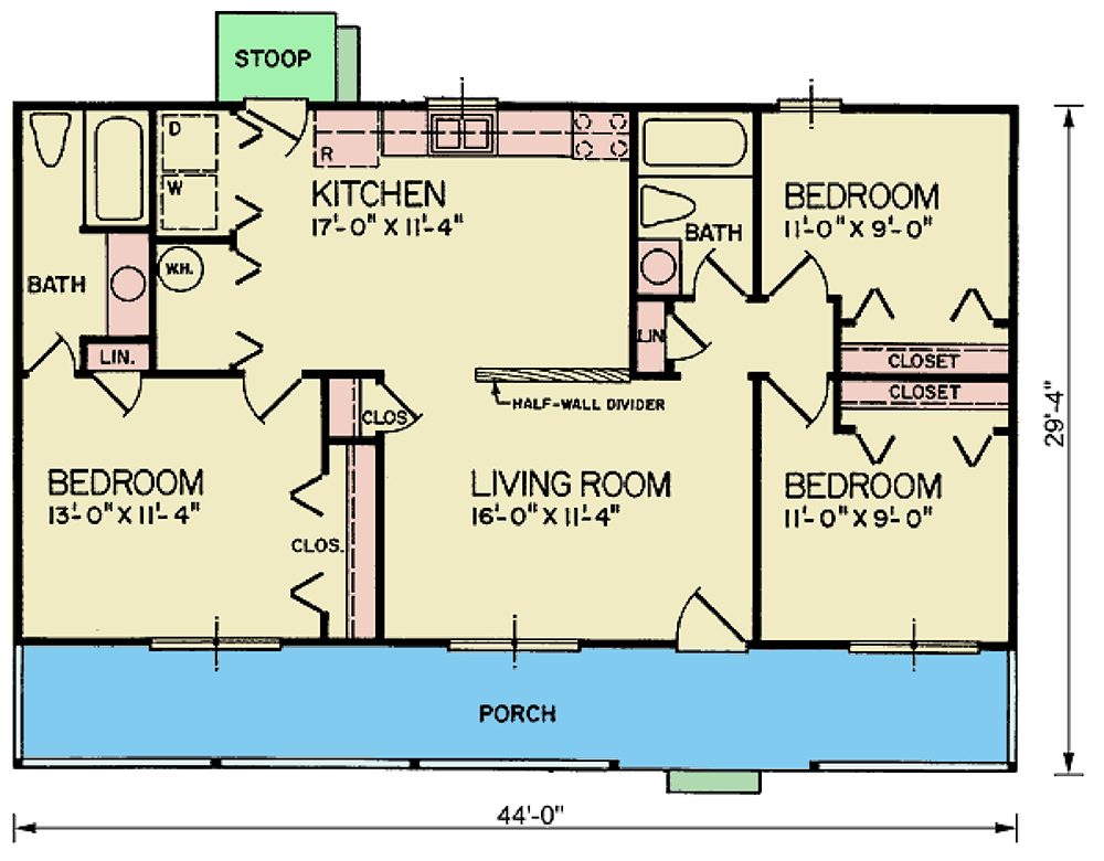 Plan 25857GE: 3-Bed Country Ranch House Plan with Split-Bedroom Layout - 1056 Sq Ft - Floor Plan - Main Level - Country, Ranch, Traditional
