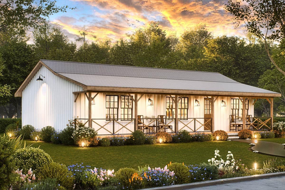 House plan exterior: Ranch style with a deep covered porch, X-braced railings, and multiple window sets.