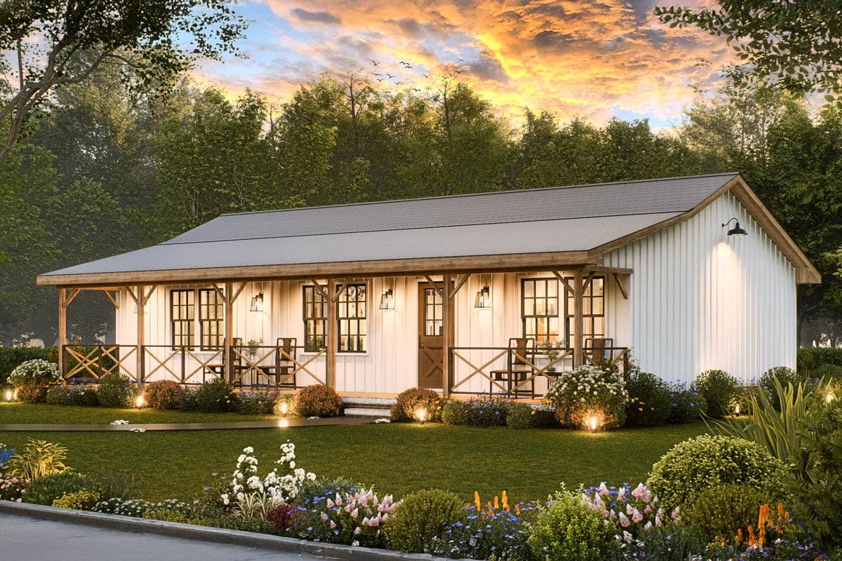 Modern Farmhouse house plan exterior with a wide covered porch, vertical siding, and multiple windows.
