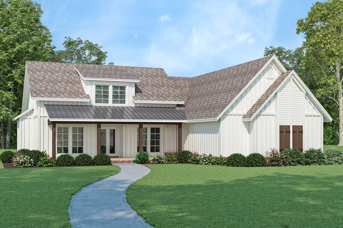 House plan exterior. Modern Farmhouse style with a gable roof, covered porch, and board-and-batten siding. Two story house with dormer.