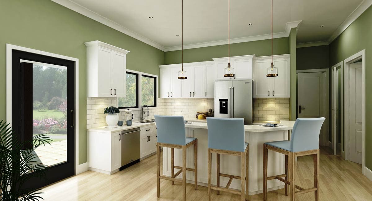 Kitchen with white shaker cabinets, island with seating, stainless steel appliances, and a doorway to a garden.