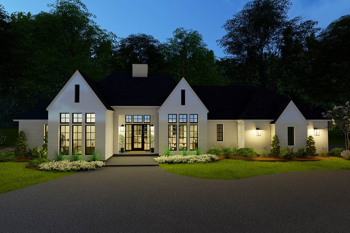 House plan exterior: Modern house with white brick facade, pitched gables, large windows, and a central entrance porch.