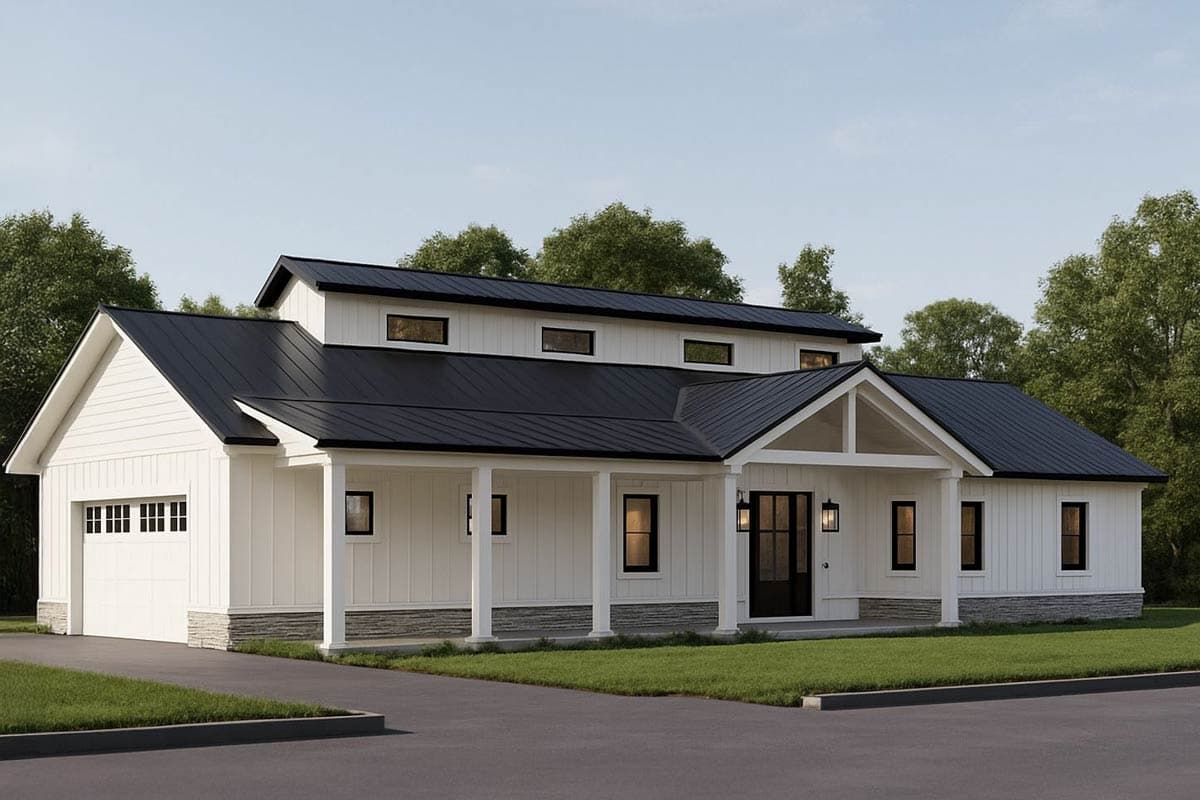 House plan exterior. Two-story Modern Farmhouse with a gabled roof, covered porch, and a garage. Features include board and batten siding.