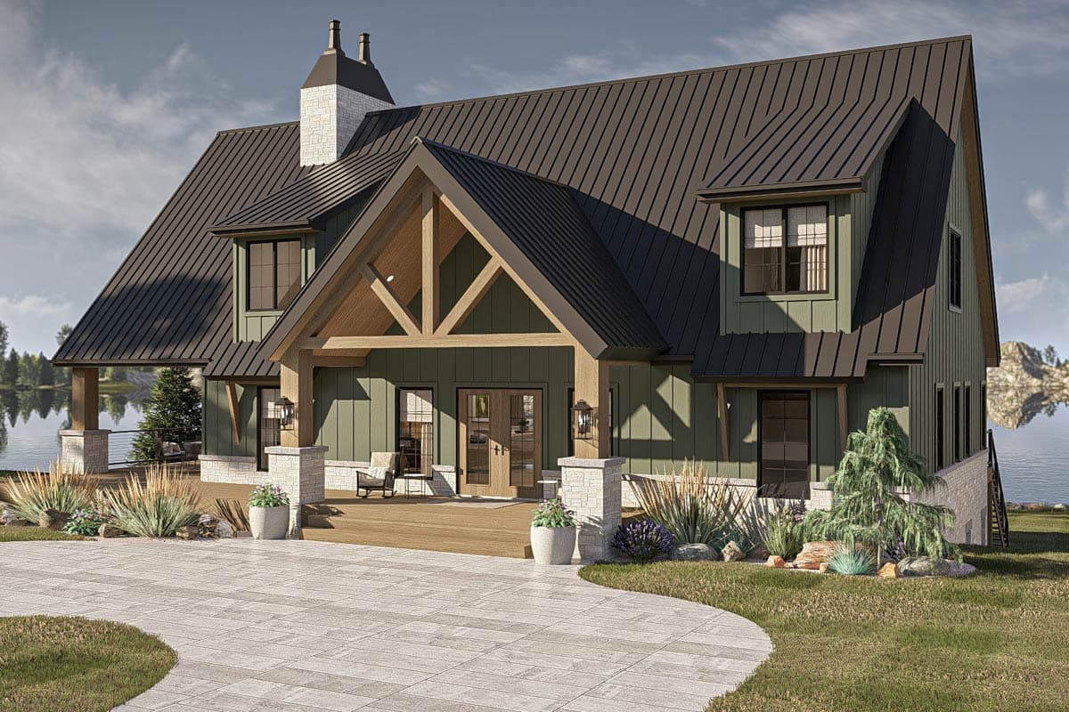 Modern Farmhouse house plan exterior with large front porch, metal roof, stone accents, and prominent gable.