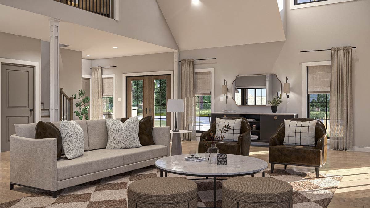 Interior rendering of a great room with vaulted ceilings, a large sofa, accent chairs, and double doors leading outside.