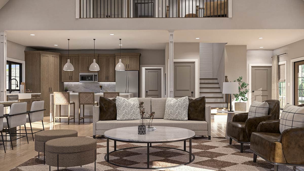 Interior rendering of a great room and kitchen with vaulted ceiling, island, and stairs to loft.