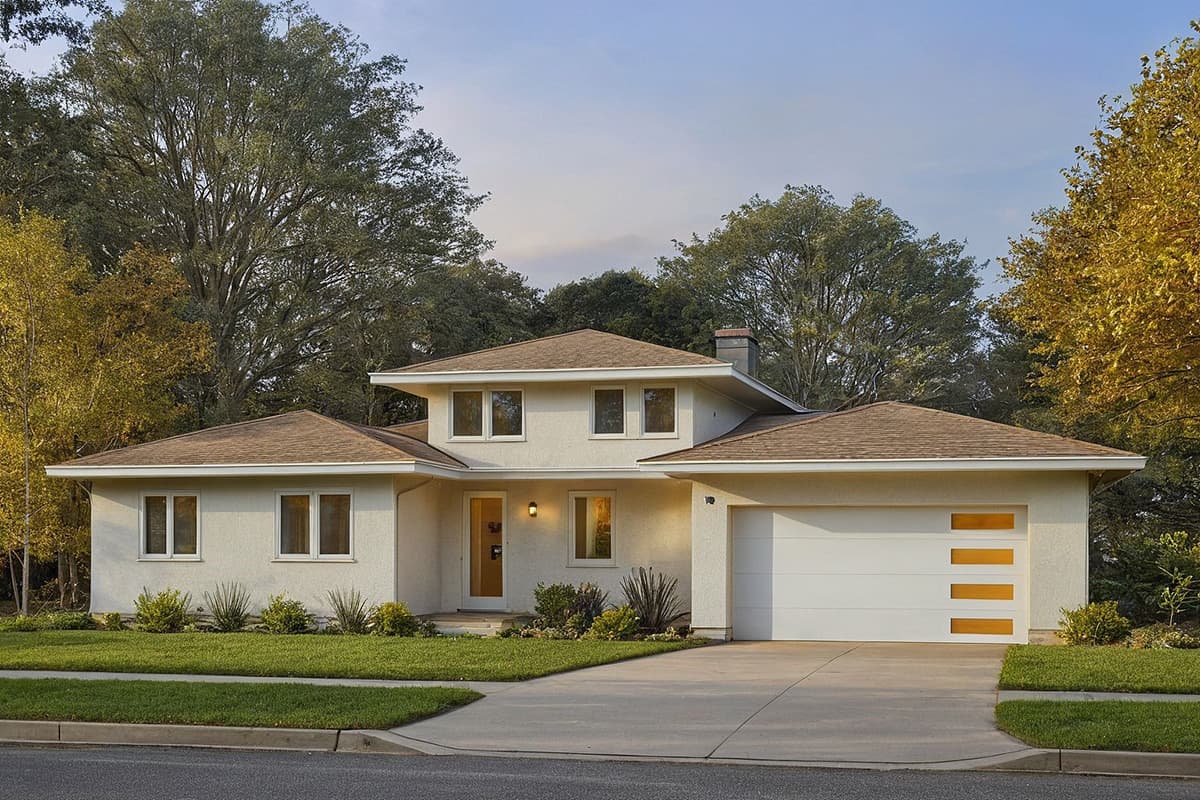 House plan exterior. Two-story, stucco facade house with flat rooflines, a garage with horizontal windows, and a covered porch area.