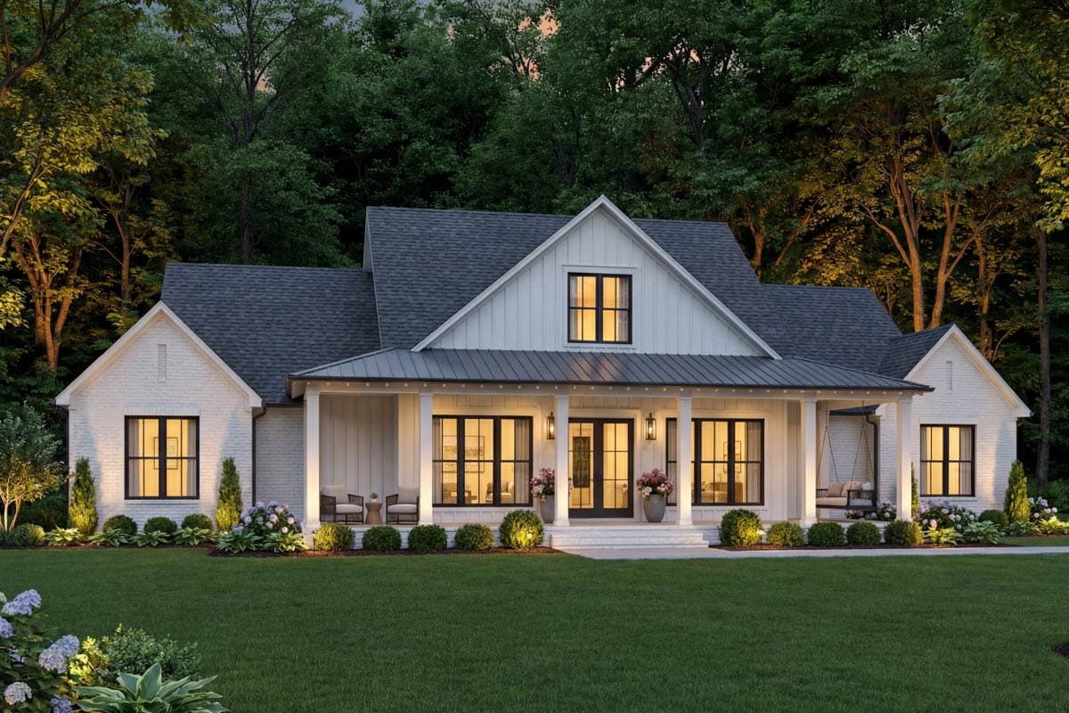 Modern Farmhouse house plan exterior with white brick, gables, metal roof, and wraparound porch.