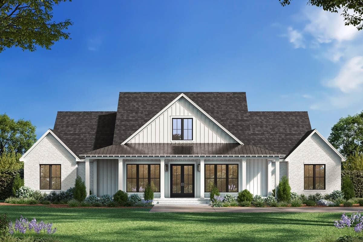 House plan exterior, Modern Farmhouse style, one story, with gabled dormer, white brick, and covered front porch.