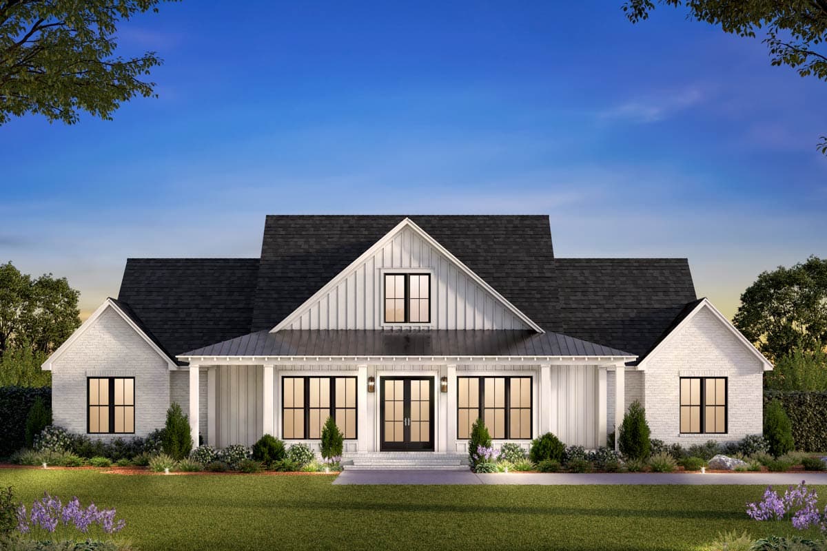 Modern Farmhouse house plan exterior with prominent gables, metal roof, board and batten siding, and brick accents.