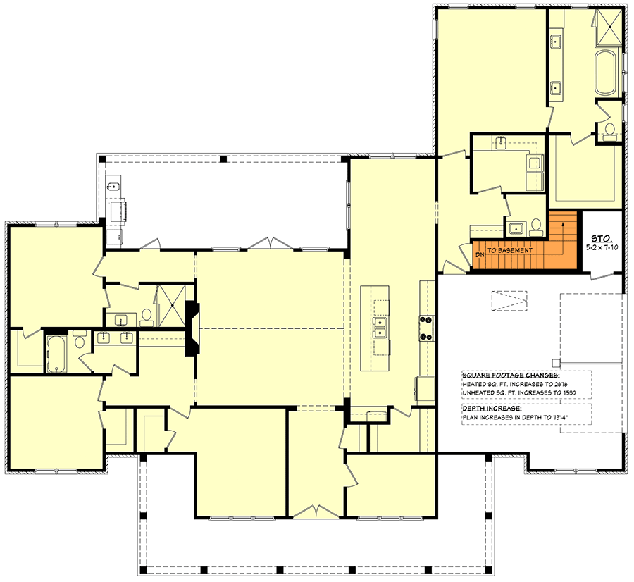 Plan 51999HZ: 4-Bed Modern Farmhouse Plan with Vaulted Ceilings and Outdoor Kitchen - 2655 Sq Ft - Floor Plan - Main Level - Basement Stair Location - Country, Modern Farmhouse, Ranch, Southern