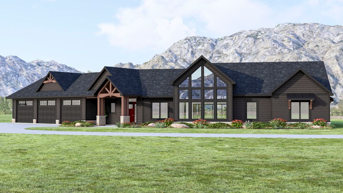 Modern Farmhouse style house plan exterior with a three-car garage, covered porch with timber accents, and large gable window.