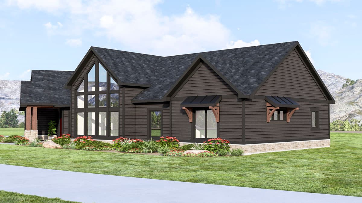 House plan exterior, modern style, dark siding, prominent gables, large multi-pane windows, and covered entry.