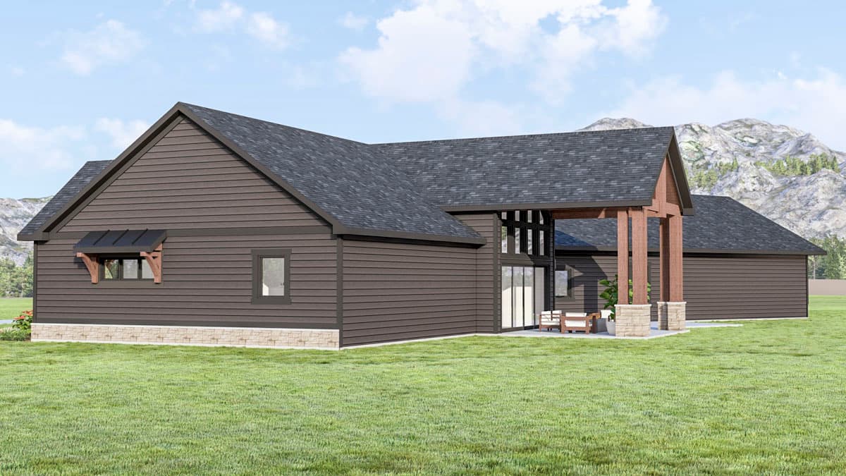 House plan exterior: Ranch style, single-story, with dark siding, stone foundation, gable roof, covered entryway with timber posts, and large windows.