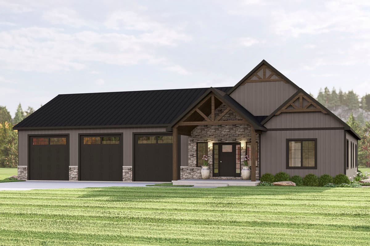 House plan exterior. One-story Modern Farmhouse with a three-car garage, stone-clad porch, and gable roof. Wood detailing on gables and porch.