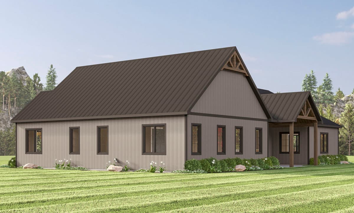 House plan exterior: Modern Farmhouse style, one story, with metal roof, gabled dormers, and covered porch with timber beams.