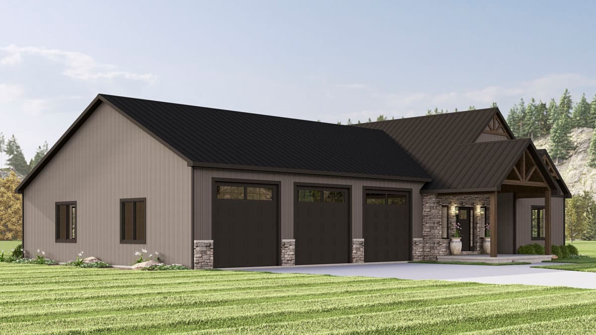 House plan exterior: Modern style, metal roof, three-car garage, stone accents, covered entry with timber frame.