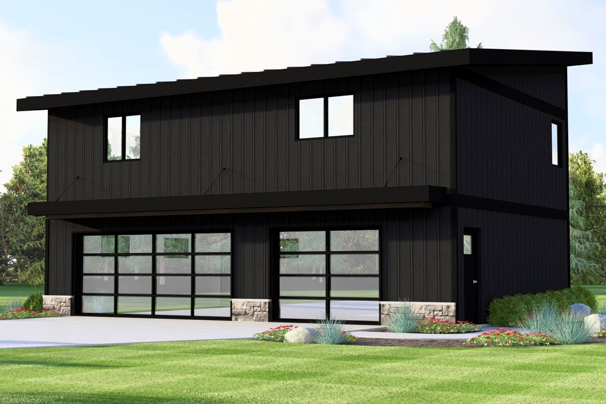 House plan exterior. Two-story modern style with flat roof, two-car garage with glass doors, and vertical siding. Features cantilevered overhangs.